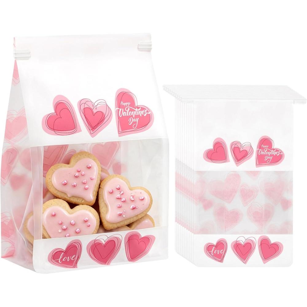 image:imageJutieuo 30Pcs Valentines Day Small Gift Bags Pink Heart Valentines Goodie Bag with Tin Tie Tab Lock Valentine Candy Cookie Packaging Treat Bags for Party Supplies30