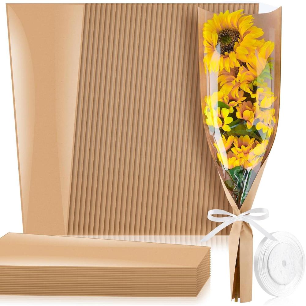 image:imageJutieuo 50 Pcs Flower Bags for Bouquet Flower Wrapping Kraft Paper Floral Sleeve Bouquet Bags with Ribbons for Florist Supplies Wedding Birthday Mothers Day 87x248 Inches