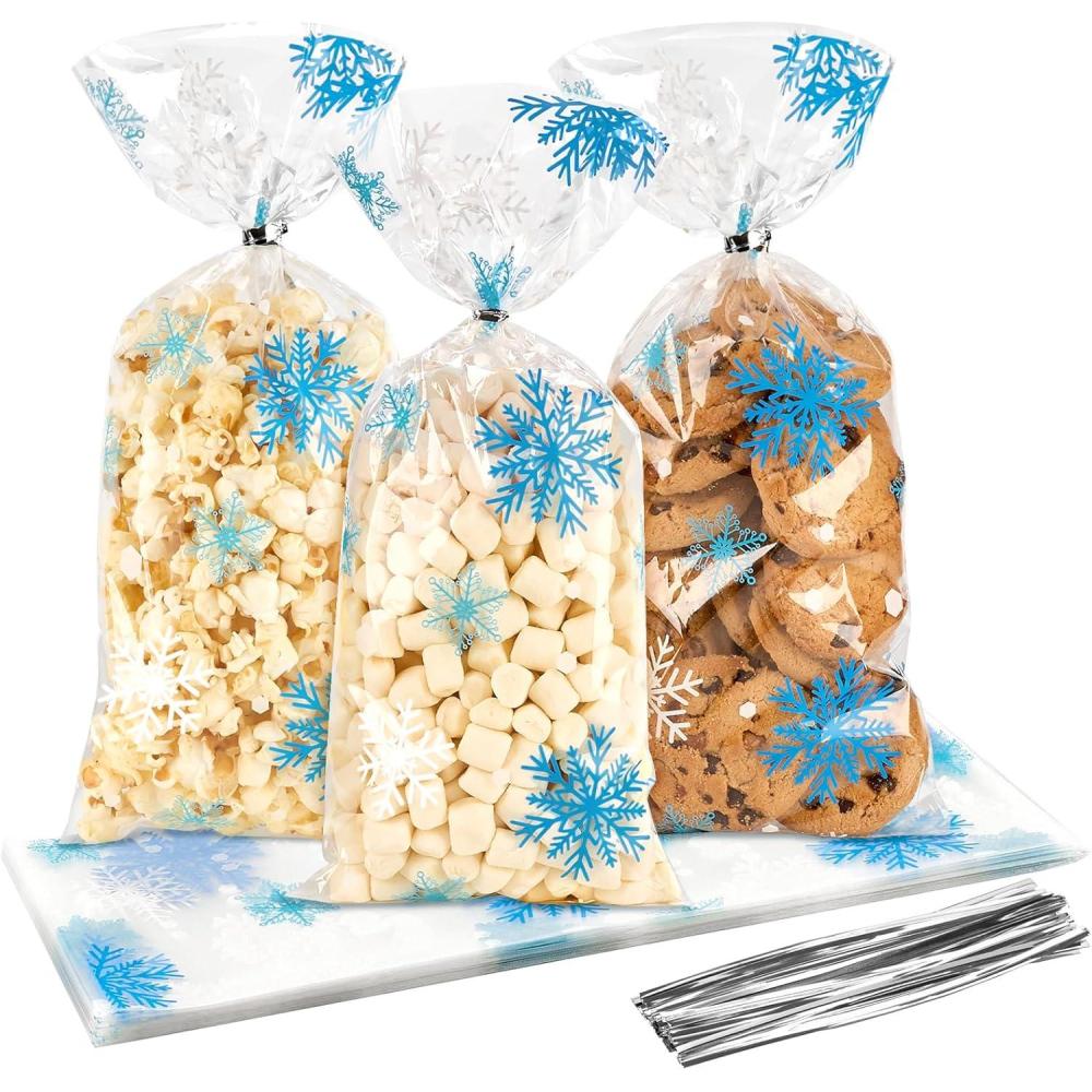 image:imageJutieuo Christmas Snowflake Cellophane Treat Bags 100PCS Winter Candy Goodie Cookie Bags Plastic with Twist Ties for Xmas Wonderland Holiday Party Supplies Blue White