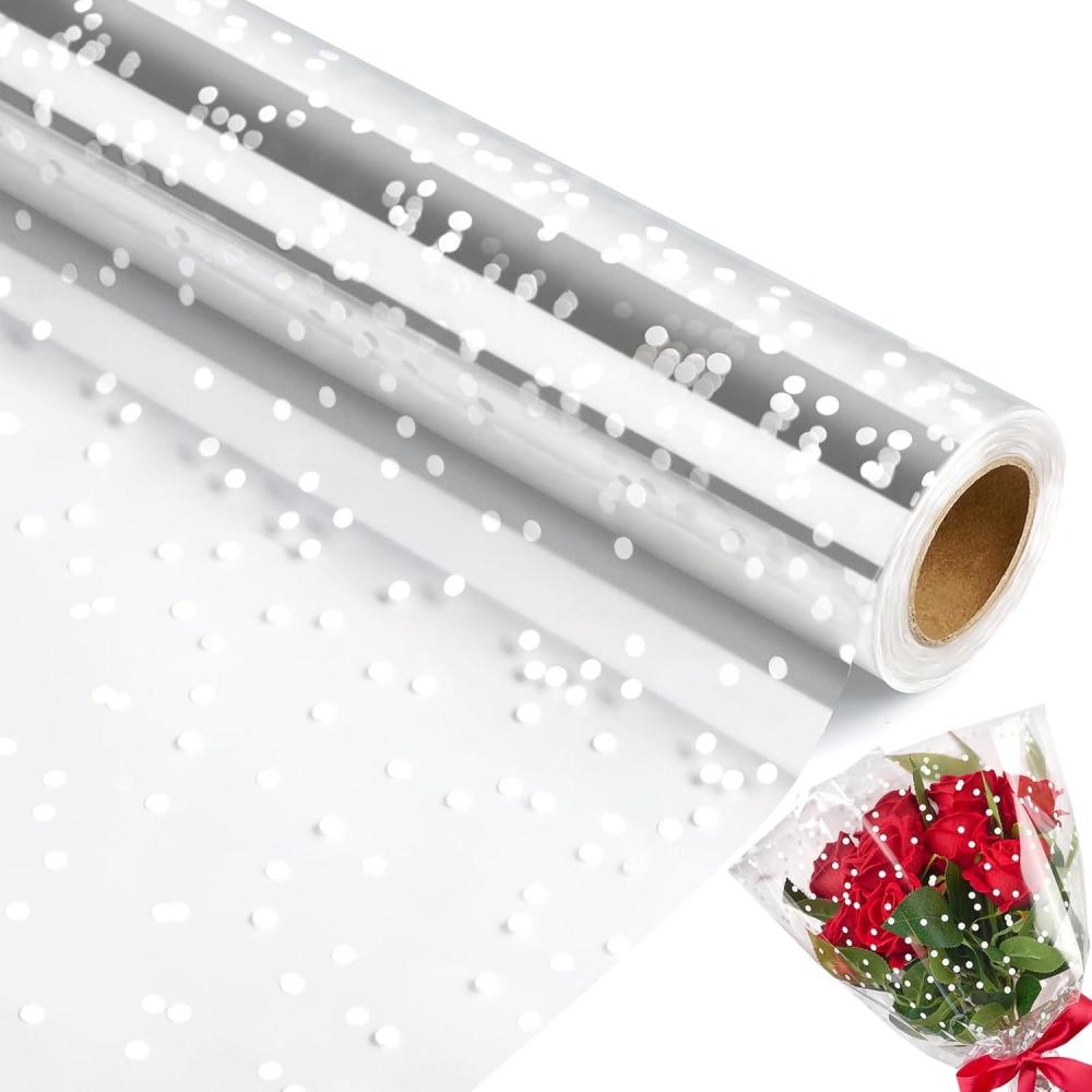 image:imageJutieuo Heart Clear Cellophane Wrap Roll 100Ft Long X 34In Extra Wide 25 Mil Thick Crystal Clear Mothers Day Bouquet Baskets Gifts Crafts Treats Wrapping Food Grade 34 Fold into 17White Dot