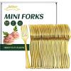 100CT Mini Gold Forks 4 Inch Small Plastic Gold Dessert Forks Disposable Heavy Duty Tiny Forks for Appetizers Tasting, Cocktail Hors D’oeuvres, Charcuterie Board, Wedding Reception(Mini Gold Forks – 100 Ct)