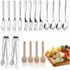 Charcuterie Board Accessories, 18 Pcs Silver Stainless Steel Spreader Knives Set Include Mini Serving Tongs, Cheese Butter Knives, Spoons, Forks, Honey Dippers(Silver)