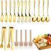 Charcuterie Board Accessories, 18 Pcs Silver Stainless Steel Spreader Knives Set Include Mini Serving Tongs, Cheese Butter Knives, Spoons, Forks, Honey Dippers(Gold)