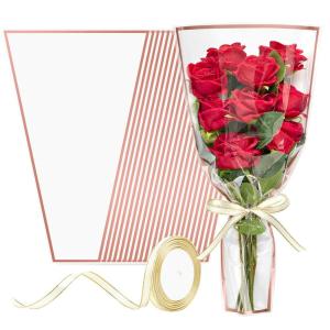 100 PCS Wave Edge Flower Bags for Bouquet, Clear Plastic Flower Bouquet Wrapping Paper Floral Sleeve Bags with Ribbons for Florist Bar Supplies (11.8×17.7 Inches Medium Size)(White-50pcs)