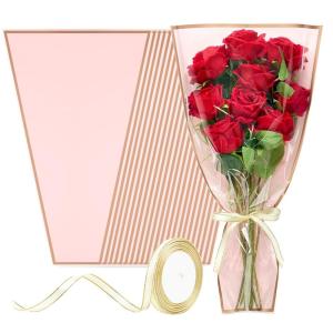 100 PCS Wave Edge Flower Bags for Bouquet, Clear Plastic Flower Bouquet Wrapping Paper Floral Sleeve Bags with Ribbons for Florist Bar Supplies (11.8×17.7 Inches Medium Size)(Pink-50pcs)