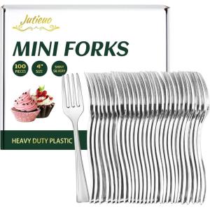 100CT Mini Gold Forks 4 Inch Small Plastic Gold Dessert Forks Disposable Heavy Duty Tiny Forks for Appetizers Tasting, Cocktail Hors D’oeuvres, Charcuterie Board, Wedding Reception(Mini Silver Forks – 100 Ct)