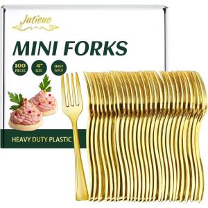 100CT Mini Gold Forks 4 Inch Small Plastic Gold Dessert Forks Disposable Heavy Duty Tiny Forks for Appetizers Tasting, Cocktail Hors D’oeuvres, Charcuterie Board, Wedding Reception(Mini Gold Forks – 100 Ct)