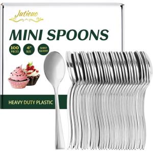 100CT Mini Gold Forks 4 Inch Small Plastic Gold Dessert Forks Disposable Heavy Duty Tiny Forks for Appetizers Tasting, Cocktail Hors D’oeuvres, Charcuterie Board, Wedding Reception(Mini Silver Spoons – 100 Ct)