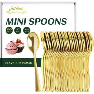 100CT Mini Gold Forks 4 Inch Small Plastic Gold Dessert Forks Disposable Heavy Duty Tiny Forks for Appetizers Tasting, Cocktail Hors D’oeuvres, Charcuterie Board, Wedding Reception(Mini Gold Spoons – 100 Ct)