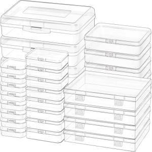 24 Pack Mixed Sizes Rectangular Mini Plastic Containers Clear Plastic Storage Boxes with Hinged Lids and Labels Empty Beads Organizers for Small Items Art Craft Jewelry Projects(5 Size 28 Pcs)