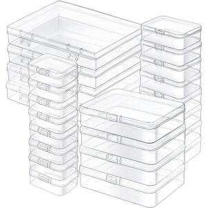 24 Pack Mixed Sizes Rectangular Mini Plastic Containers Clear Plastic Storage Boxes with Hinged Lids and Labels Empty Beads Organizers for Small Items Art Craft Jewelry Projects(4 Size 24 Pcs)