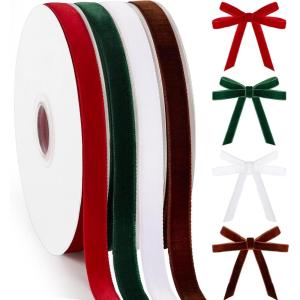 40 Yards Christmas Velvet Ribbon 3/8 Inch for Gift Wrapping, Christmas Tree Bows Door Garland Decor Vintage Wreath Bow Making (Red,Green,White,Brown)(Red  Green  Brown  White)