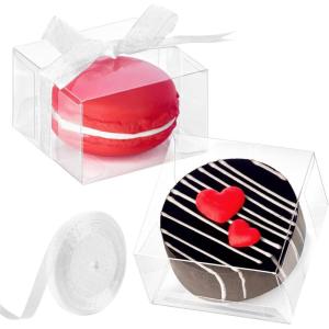 45 Pack 3x3x3 Inches Clear Favor Boxes with Ribbons, Transparent Plastic Cube Treat Boxes for Candy Goodie Gift, Small Individual Hot Cocoa Bomb Packaging Box(2.17×2.17×1.38 Inch)