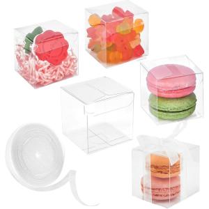 45 Pack 3x3x3 Inches Clear Favor Boxes with Ribbons, Transparent Plastic Cube Treat Boxes for Candy Goodie Gift, Small Individual Hot Cocoa Bomb Packaging Box(2x2x2 Inch)