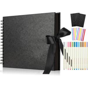 60 Pages Small Scrapbook Album with 6 Metallic Markers, 8.5 x 5.9 Inches Black Paper Photo Album for Wedding Anniversary, Family DIY Scrapbook Accessories(11.5*8.5 Inches 80Pages)