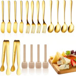 Charcuterie Board Accessories, 18 Pcs Silver Stainless Steel Spreader Knives Set Include Mini Serving Tongs, Cheese Butter Knives, Spoons, Forks, Honey Dippers(Gold)