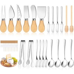 Charcuterie Board Accessories Wooden Handle Cheese Knife Set, Charcuterie Utensils Include Cheese Knifes, Tongs, Spreaders, Forks, Spoons, Honey Dippers, Flags (42 Pieces)
