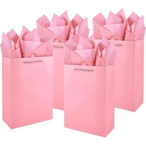 Jutieuo 10 Pack Luxury Red Gift Bags Medium Size with Tissue Paper, Premium Paper Gift Wrap Bags with Handles for Birthday, Wedding, Holiday, Party – 11″ x 8″ x 4″(Pink)