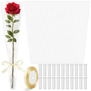 Jutieuo 100Pcs Single Rose Sleeve with 100Pcs Floral Water Tubes for Fresh Flowers, Transparent Single Flower Sleeve Individual Rose Wrap Bulk for Mother’s Day Events, Florist Supplies(Transparent 100 Bags + 100 Water Tubes)