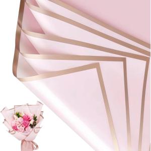 Jutieuo 20 Sheets Pink Flower Wrapping Paper, Waterproof Translucent Korean Floral Paper for Flower Bouquet Wraps Gift Packaging Florist Supplies (22.8 x 22.8 inch)(Pink Gold Edge)
