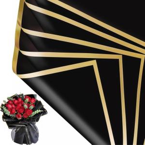 Jutieuo 20 Sheets Pink Flower Wrapping Paper, Waterproof Translucent Korean Floral Paper for Flower Bouquet Wraps Gift Packaging Florist Supplies (22.8 x 22.8 inch)(Black Gold Edge)