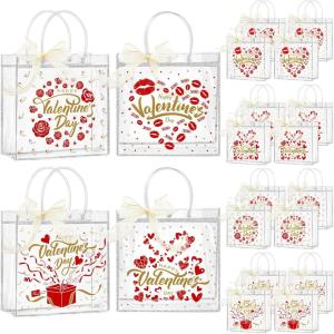 Jutieuo 24 Pack Clear Gift Bags with Handles, Bulk Valentine’s Day Gift Bags Reusable Transparent PVC Plastic Tote Goodies Bags for Valentines Party Favors (7.9 x 7.9 x 3.2 Inch)