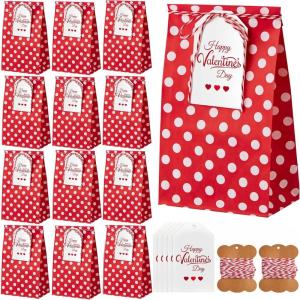 Jutieuo 30 PCS Valentine’s Day Gift Bags with Cards, Cute Polka Dots Red Valentine Paper Treat Bags Classroom Gift Goodie Bag for Valentines Party Favors(Red & White Polka Dot)