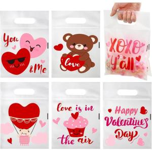Jutieuo 36 PCS Valentine’s Day Treat Bags, Translucent Red Pink Heart Valentines Small Plastic Gift Bags with handles for Party Favor Goodie Bag Cookie Candy