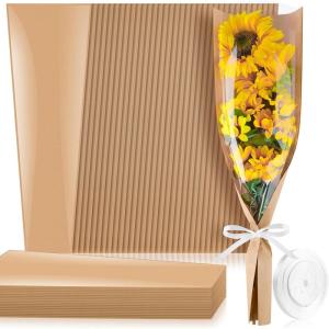 Jutieuo 50 Pcs Flower Bags for Bouquet, Flower Wrapping Kraft Paper Floral Sleeve Bouquet Bags with Ribbons for Florist Supplies Wedding Birthday Mother’s Day, 8.7×24.8 Inches