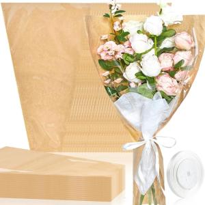 Jutieuo 50 Pcs Flower Bags for Bouquet, Flower Wrapping Kraft Paper Floral Sleeve Bouquet Bags with Ribbons for Florist Supplies Wedding Birthday Mother’s Day, 14×22 Inches