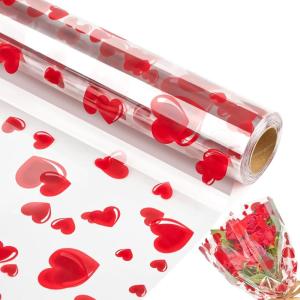 Jutieuo Heart Clear Cellophane Wrap Roll | 100’Ft. Long X 34”In. Extra Wide | 2.5 Mil Thick Crystal Clear | Mother’s Day Bouquet, Baskets, Gifts, Crafts, Treats, Wrapping | Food Grade (34″ Fold into 17″)(Heart)