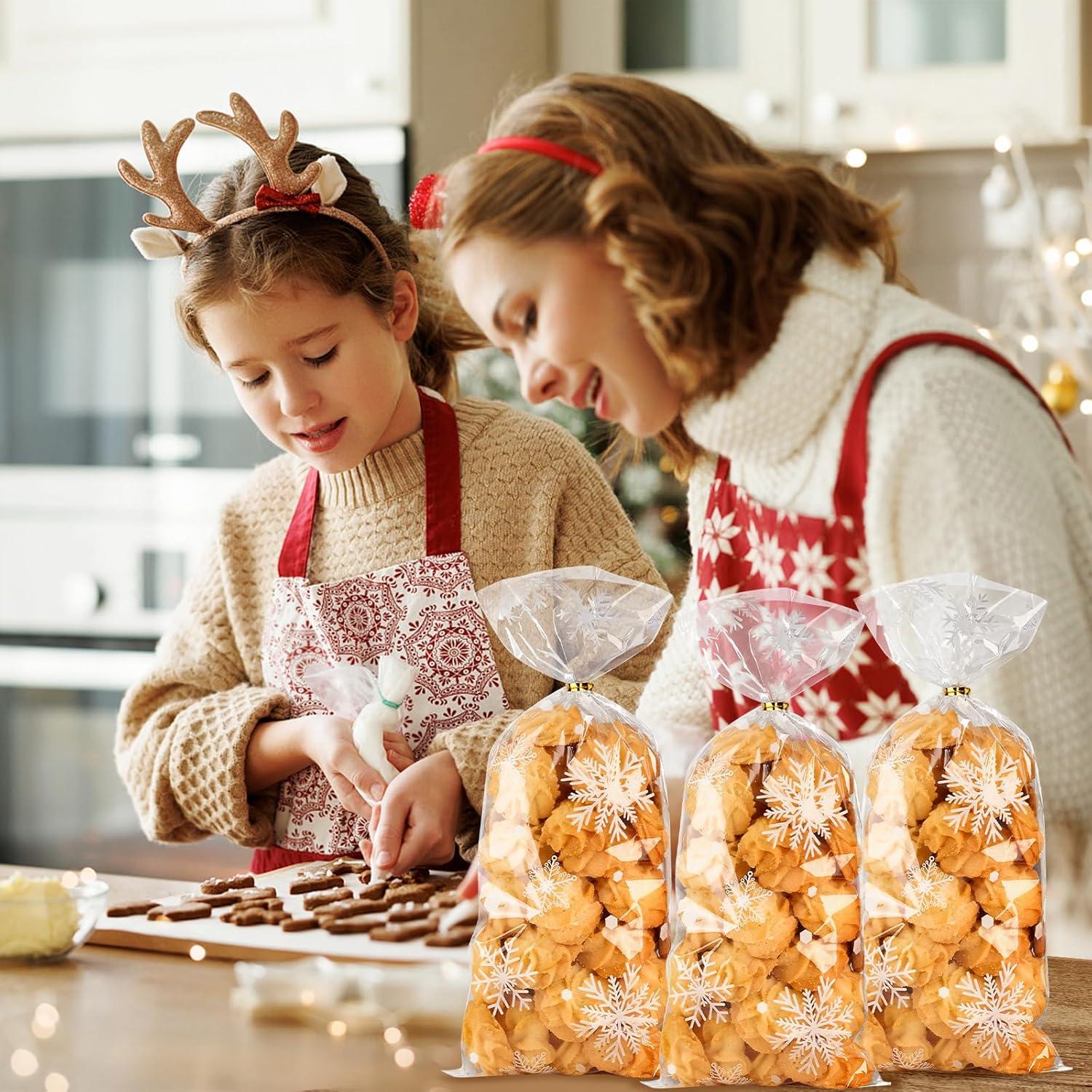 image:imageJutieuo Christmas Snowflake Cellophane Treat Bags 100PCS Winter Candy Goodie Cookie Bags Plastic with Twist Ties for Xmas Wonderland Holiday Party Supplies WhiteWhite