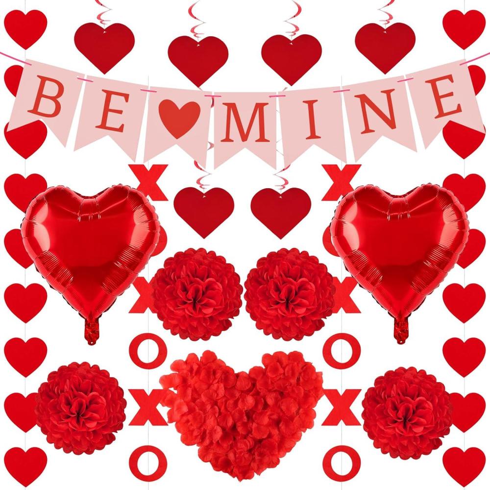image:imageValentines Day Decoration Set Heart XO Garlands Hanging Heart Swirls BE MINE Banner Hearts Balloons Red Rose Petals Decor for Home Classroom Office Wedding Party