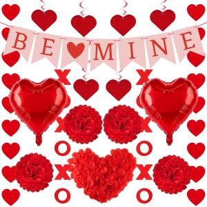 Valentines Day Decoration Set, Heart XO Garlands Hanging Heart Swirls BE MINE Banner Hearts Balloons Red Rose Petals Decor for Home Classroom Office Wedding Party