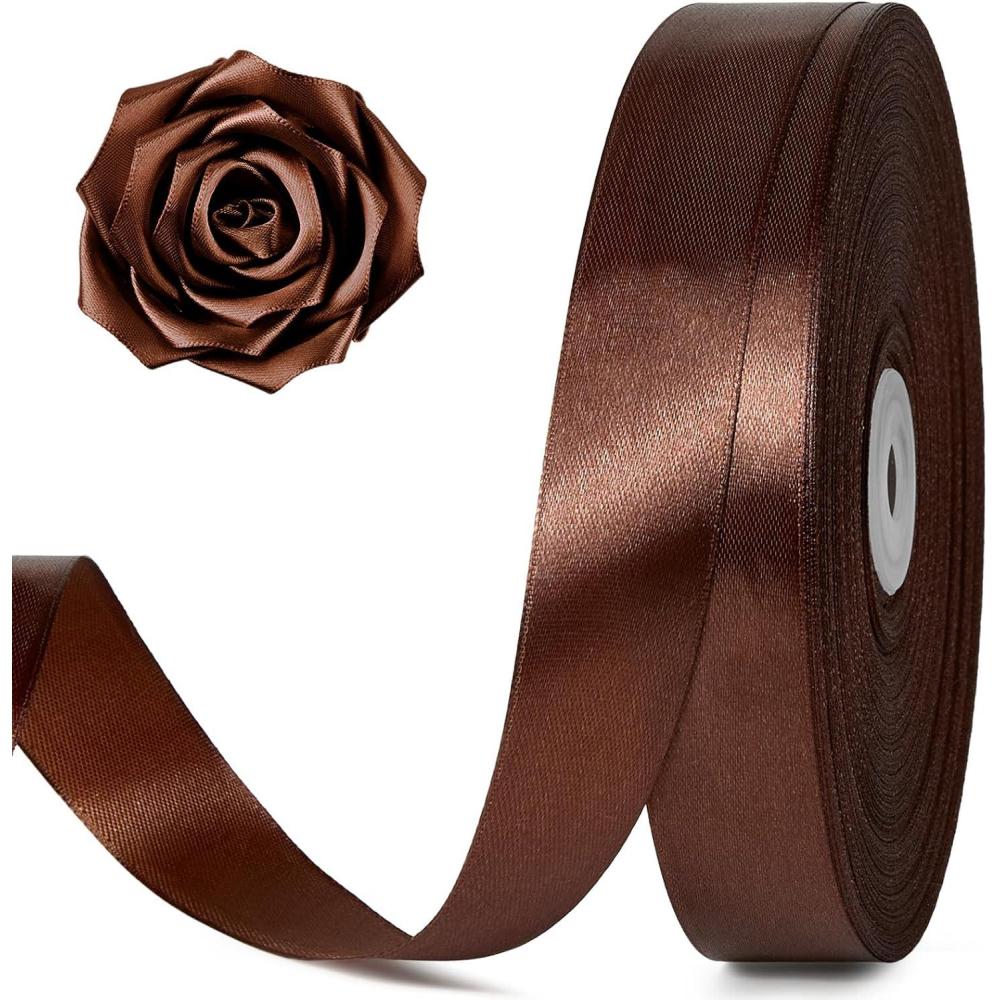 image:image100 Yards 1 Inch Rose Gold Satin Ribbon Solid Craft Fabric Ribbon for Christmas Gift Wrapping Bows Making Flower Bouquet Wedding Party DecorationBrown