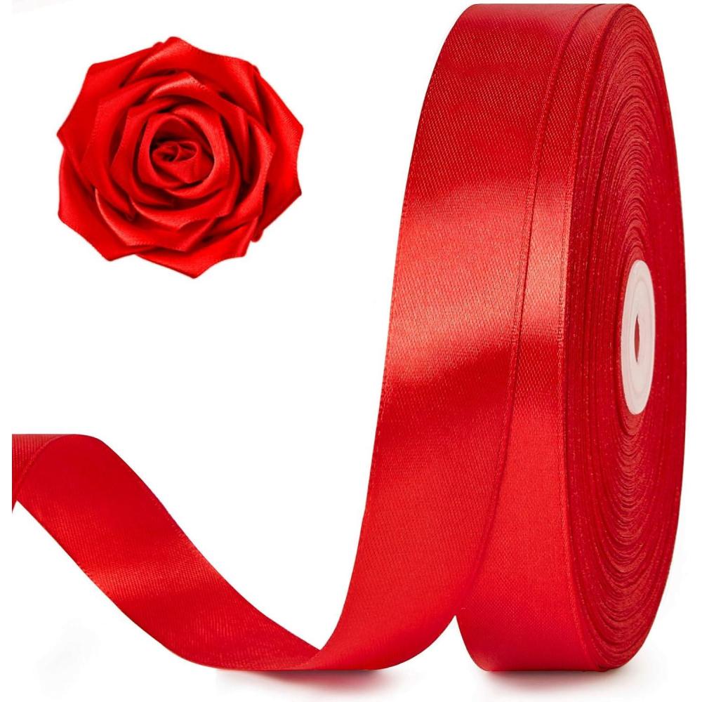 image:image100 Yards 1 Inch Rose Gold Satin Ribbon Solid Craft Fabric Ribbon for Christmas Gift Wrapping Bows Making Flower Bouquet Wedding Party DecorationRed