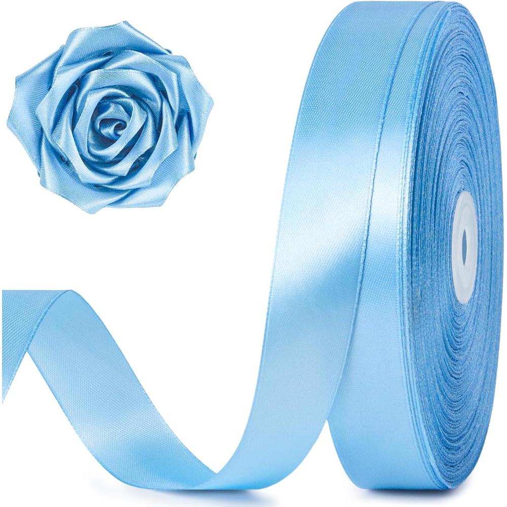 image:image100 Yards 1 Inch Rose Gold Satin Ribbon Solid Craft Fabric Ribbon for Christmas Gift Wrapping Bows Making Flower Bouquet Wedding Party DecorationSky Blue