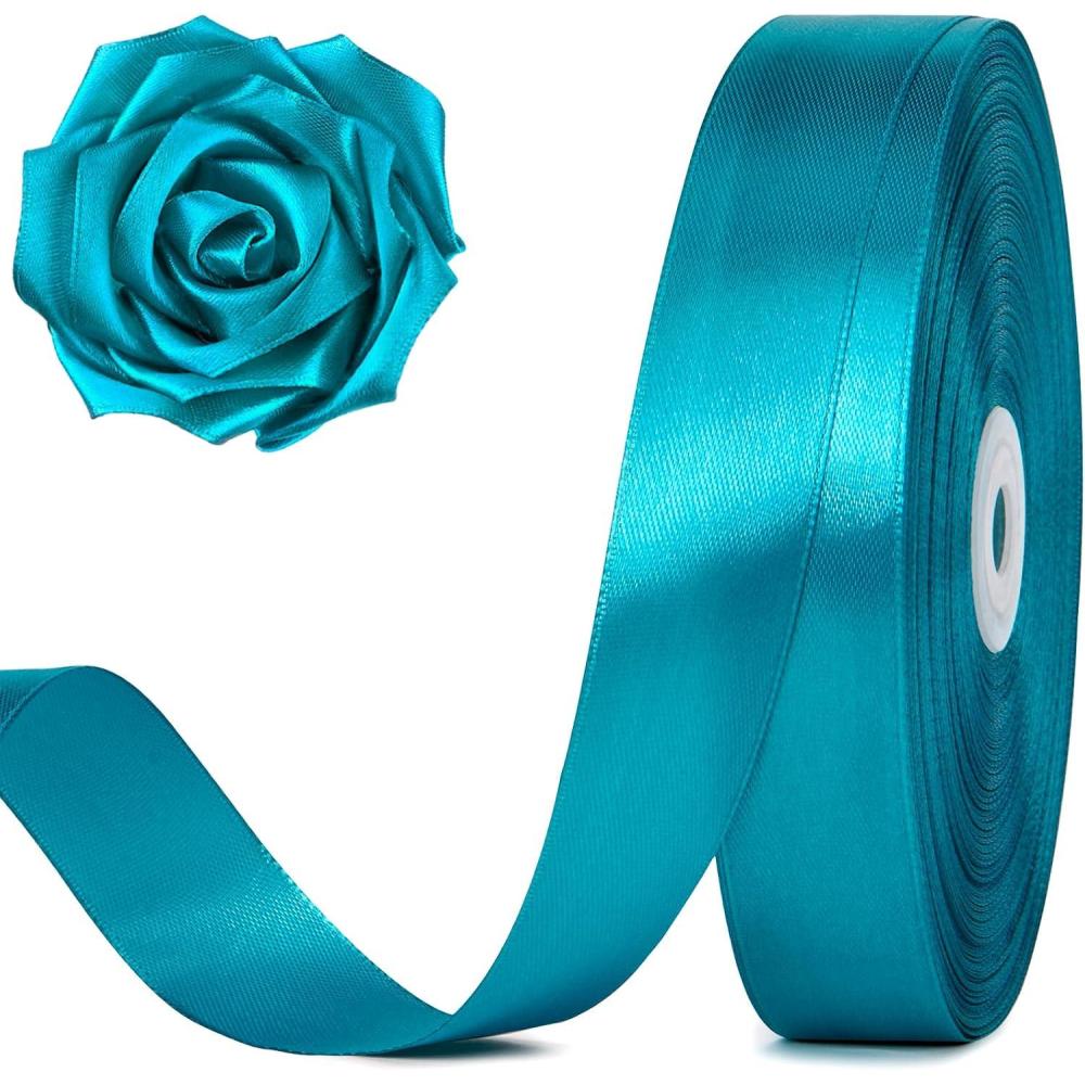 image:image100 Yards 1 Inch Rose Gold Satin Ribbon Solid Craft Fabric Ribbon for Christmas Gift Wrapping Bows Making Flower Bouquet Wedding Party DecorationTeal Blue