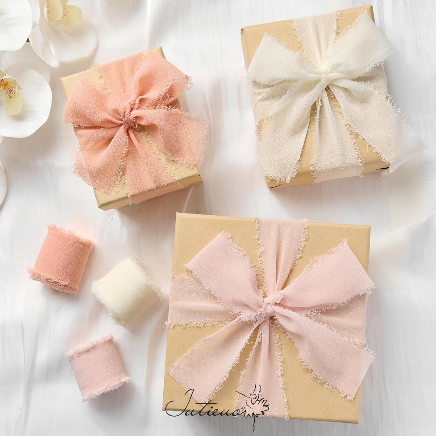image:image9 Colors Chiffon Ribbon 1 x 27 Yds Handmade Fringe Chiffon Silk Ribbon for Gift Wrapping Wedding Invitations Bridal Bouquets Crafts Home DecorBlush PinkIvoryDusty Pink
