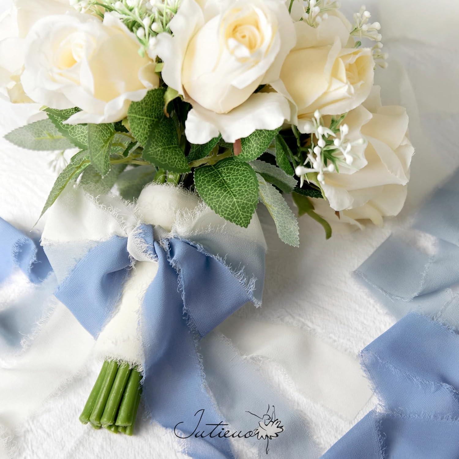 image:image9 Colors Chiffon Ribbon 1 x 27 Yds Handmade Fringe Chiffon Silk Ribbon for Gift Wrapping Wedding Invitations Bridal Bouquets Crafts Home DecorDusty BlueOff White