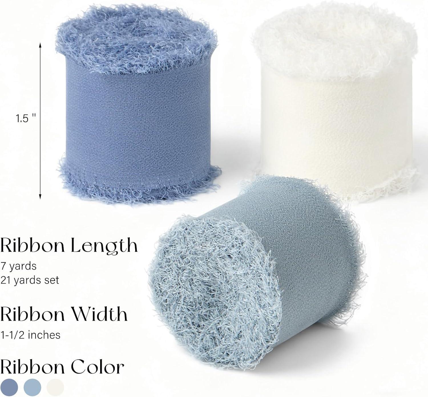 image:image9 Colors Chiffon Ribbon 1 x 27 Yds Handmade Fringe Chiffon Silk Ribbon for Gift Wrapping Wedding Invitations Bridal Bouquets Crafts Home DecorDusty BlueOff White