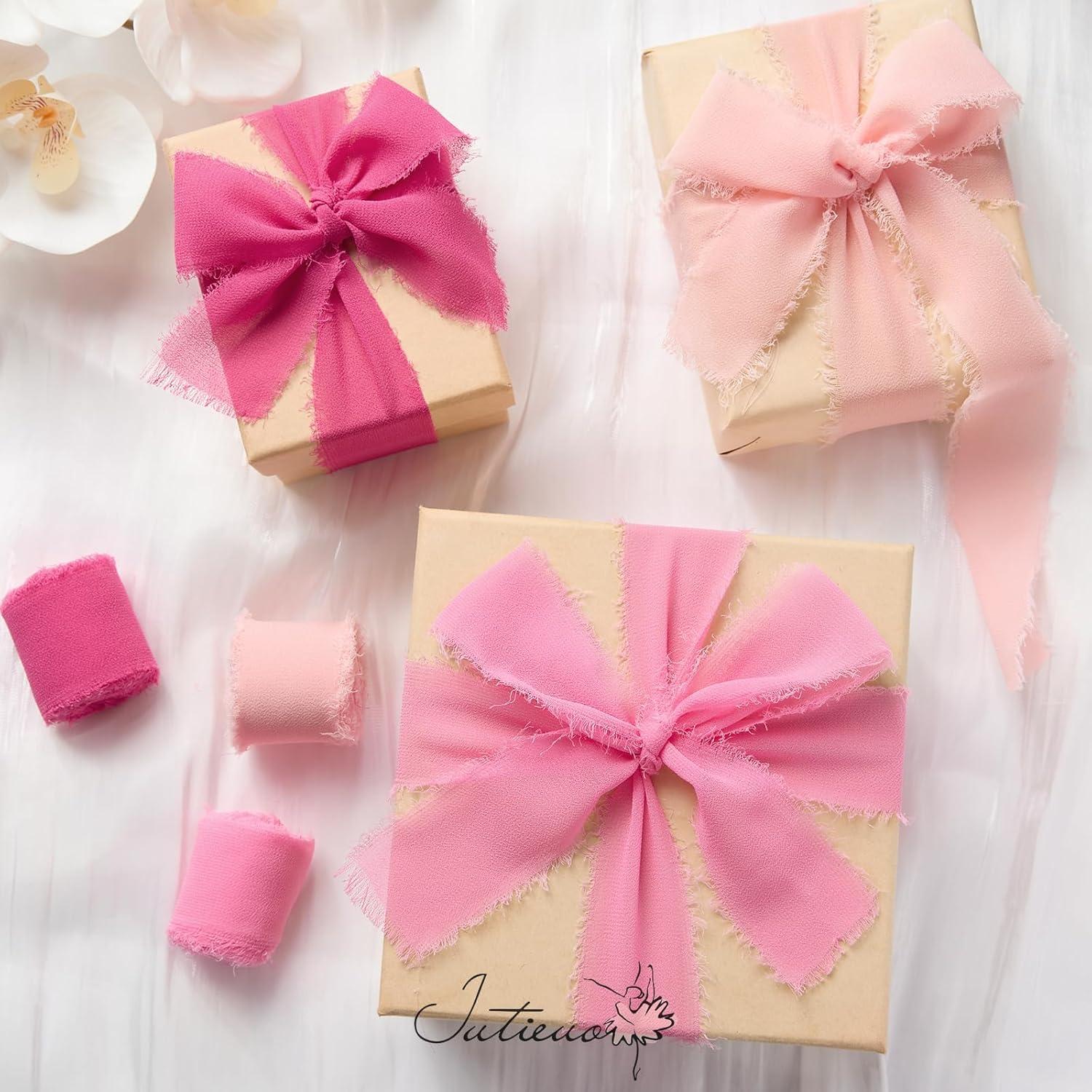 image:image9 Colors Chiffon Ribbon 1 x 27 Yds Handmade Fringe Chiffon Silk Ribbon for Gift Wrapping Wedding Invitations Bridal Bouquets Crafts Home DecorHot PinkBlush PinkBright Pink
