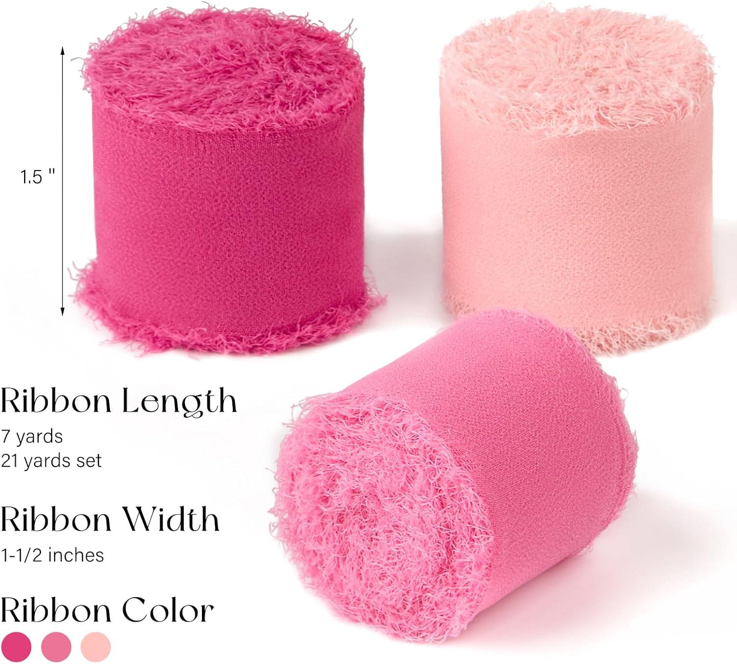 image:image9 Colors Chiffon Ribbon 1 x 27 Yds Handmade Fringe Chiffon Silk Ribbon for Gift Wrapping Wedding Invitations Bridal Bouquets Crafts Home DecorHot PinkBlush PinkBright Pink