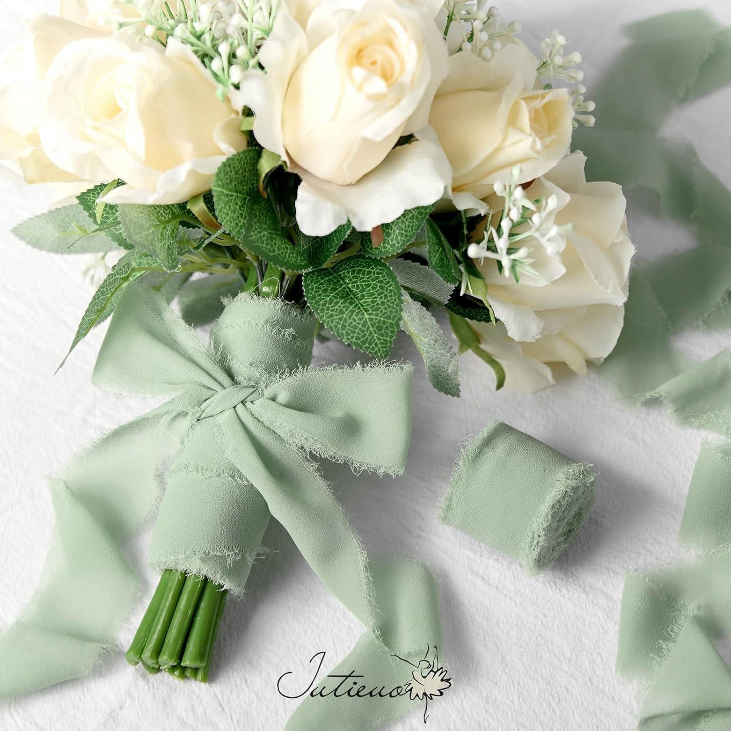 image:imageBaby Blue Chiffon Ribbon 15 Inch x 21 Yards Handmade Fringe Chiffon Silk Ribbon for Gift Wrapping Wedding Invitations Bridal Bouquets Crafts Home DecorSage Green