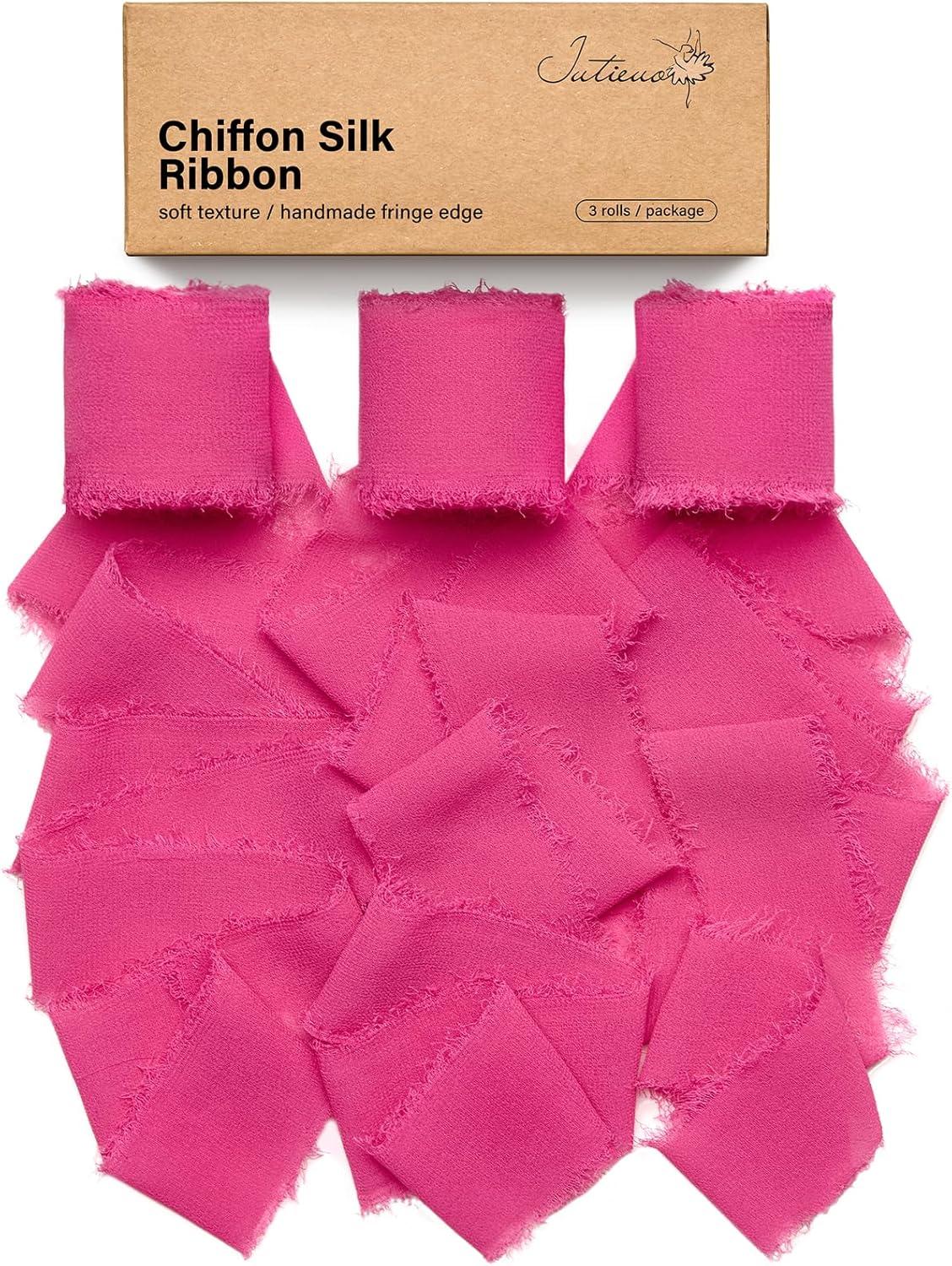 image:imageBaby Blue Chiffon Ribbon 15 Inch x 21 Yards Handmade Fringe Chiffon Silk Ribbon for Gift Wrapping Wedding Invitations Bridal Bouquets Crafts Home DecorHot Pink