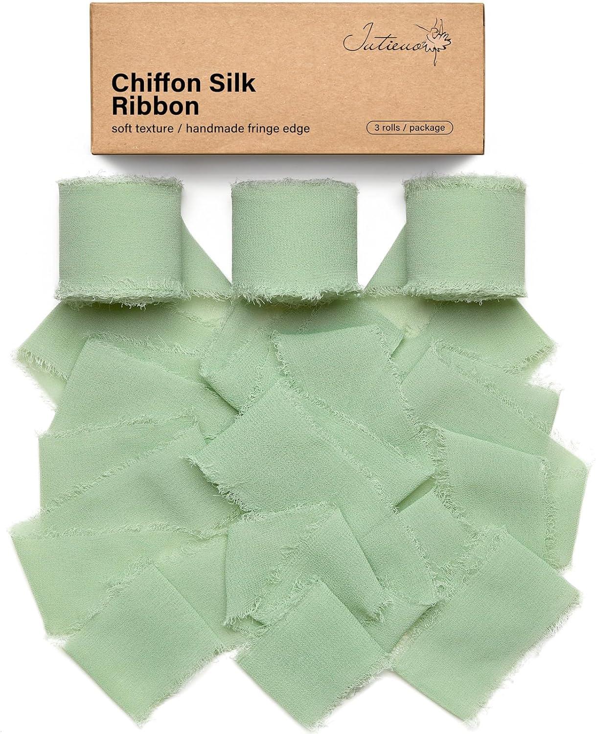 image:imageBaby Blue Chiffon Ribbon 15 Inch x 21 Yards Handmade Fringe Chiffon Silk Ribbon for Gift Wrapping Wedding Invitations Bridal Bouquets Crafts Home DecorSage Green