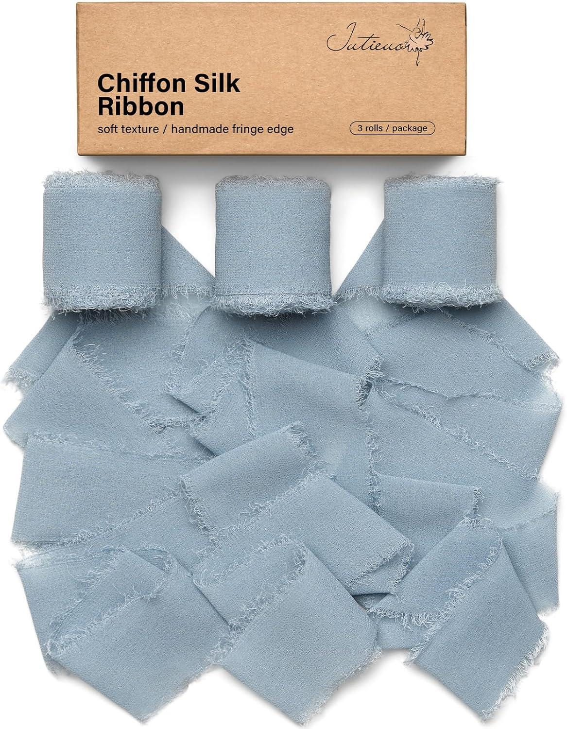 image:imageBaby Blue Chiffon Ribbon 15 Inch x 21 Yards Handmade Fringe Chiffon Silk Ribbon for Gift Wrapping Wedding Invitations Bridal Bouquets Crafts Home DecorDusty Blue