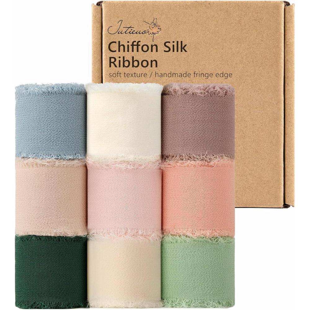 image:image9 Colors Chiffon Ribbon 1 x 27 Yds Handmade Fringe Chiffon Silk Ribbon for Gift Wrapping Wedding Invitations Bridal Bouquets Crafts Home Decor9 Colors