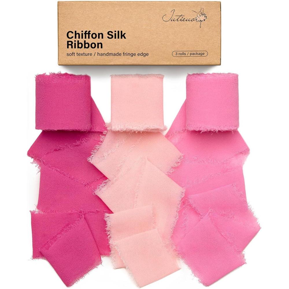 image:image9 Colors Chiffon Ribbon 1 x 27 Yds Handmade Fringe Chiffon Silk Ribbon for Gift Wrapping Wedding Invitations Bridal Bouquets Crafts Home DecorHot PinkBlush PinkBright Pink