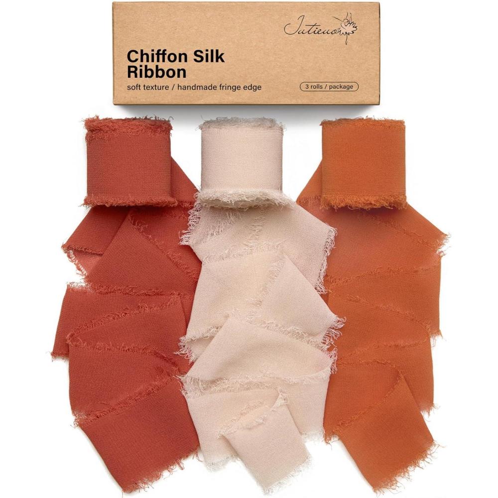 image:image9 Colors Chiffon Ribbon 1 x 27 Yds Handmade Fringe Chiffon Silk Ribbon for Gift Wrapping Wedding Invitations Bridal Bouquets Crafts Home DecorRust RedKhakiTerracotta